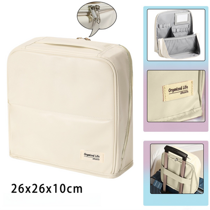 Beige Magnetic Compartmentalized Standing Cosmetic Bag – Large Capacity with Mirror, Travel Makeup Organizer (26×10×26 cm)