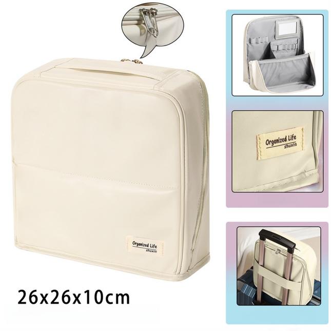 Beige Magnetic Compartmentalized Standing Cosmetic Bag Large Capacity with Mirror Travel Makeup Organizer