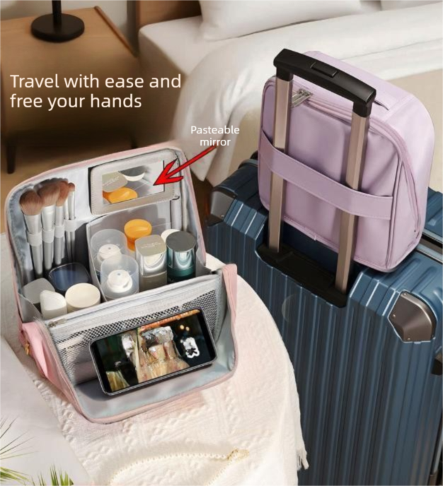 Pink Magnetic Compartmentalized Standing Cosmetic Bag Large Capacity with Mirror Travel Makeup Organizer – product detail