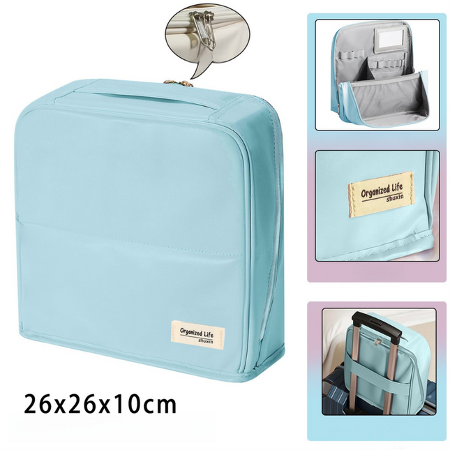 Blue Magnetic Compartmentalized Standing Cosmetic Bag Large Capacity with Mirror Travel Makeup Organizer