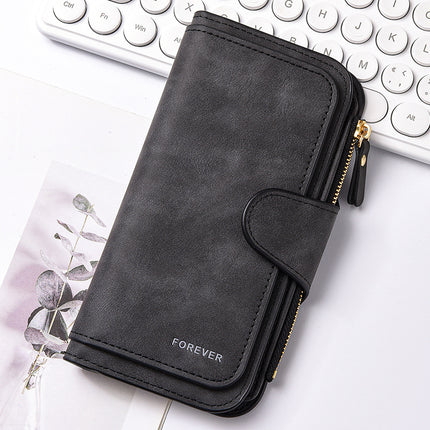 Black Stylish Large-Capacity Women's Long Wallet – Vintage PU Leather Clutch with Zipper and Snap Closure