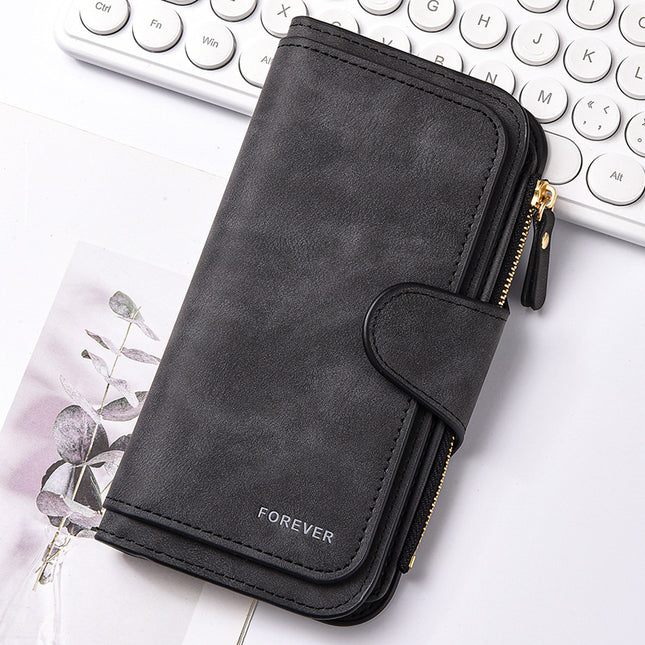 Black Stylish Large-Capacity Women's Long Wallet Vintage PU Leather Clutch with Zipper and Snap Closure