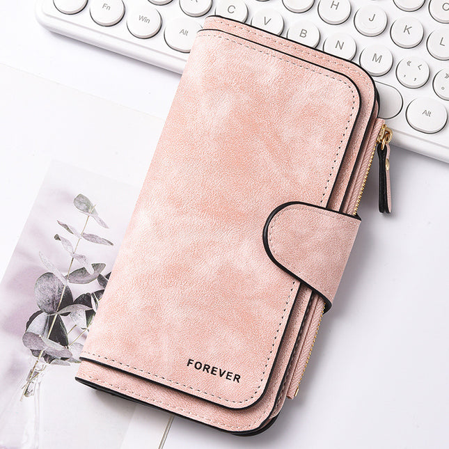 Pink Stylish Large-Capacity Women's Long Wallet Vintage PU Leather Clutch with Zipper and Snap Closure