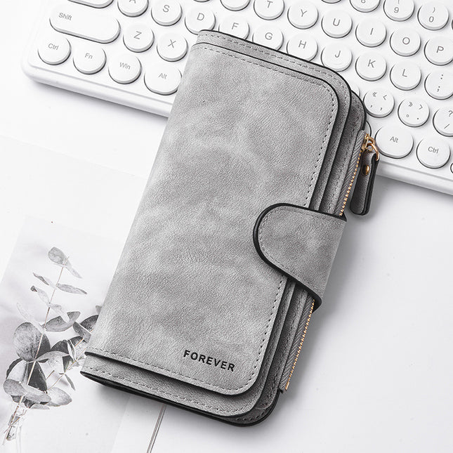 Grey Stylish Large-Capacity Women's Long Wallet Vintage PU Leather Clutch with Zipper and Snap Closure