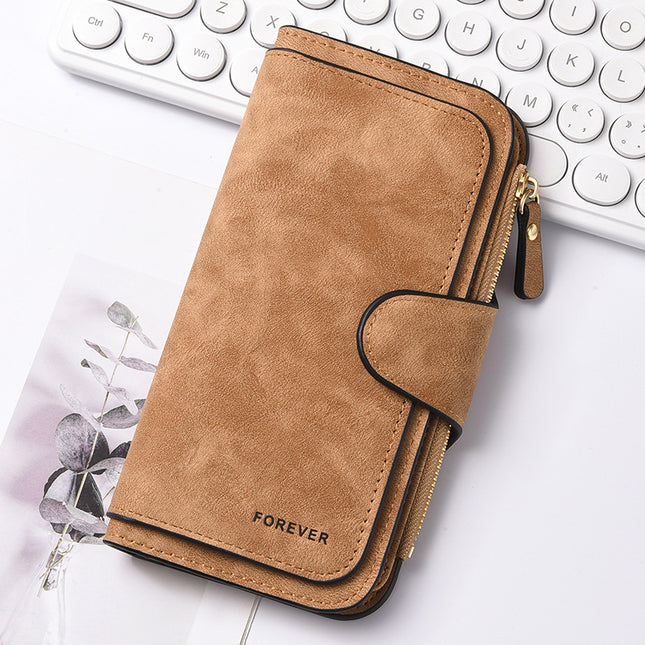 Brown Stylish Large-Capacity Women's Long Wallet Vintage PU Leather Clutch with Zipper and Snap Closure