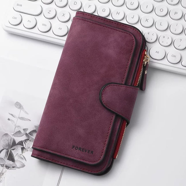 Claret Stylish Large-Capacity Women's Long Wallet Vintage PU Leather Clutch with Zipper and Snap Closure