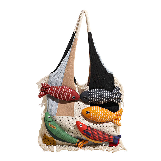 White handbag strap Knitted Patchwork Tote Bag Spacious Fringed Single-Shoulder Design V888-ELOSUNG47128