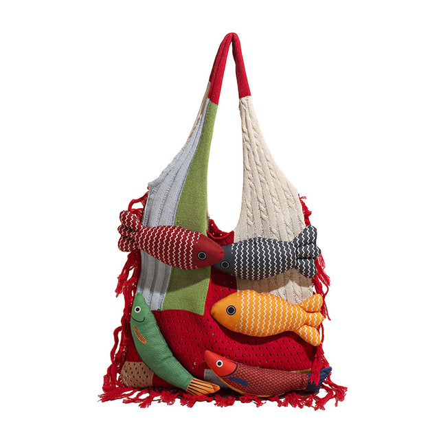 Red handbag strap Knitted Patchwork Tote Bag Spacious Fringed Single-Shoulder Design V888-ELOSUNG47129