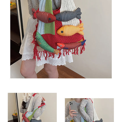 Red handbag strap Knitted Patchwork Tote Bag – Spacious, Fringed, Single-Shoulder Design