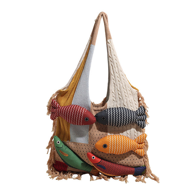 Khaki handbag strap Knitted Patchwork Tote Bag Spacious Fringed Single-Shoulder Design V888-ELOSUNG47130