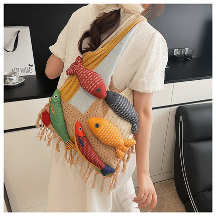 Khaki handbag strap Knitted Patchwork Tote Bag – Spacious, Fringed, Single-Shoulder Design