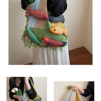Green handbag strap Knitted Patchwork Tote Bag – Spacious, Fringed, Single-Shoulder Design