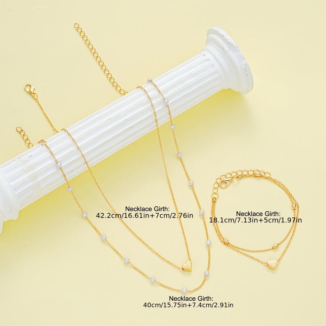 Gold Double-Layer Heart Charm Necklace and Bracelet Set Women s Layered Jewelry Set – product detail