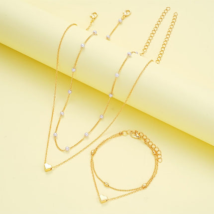 Gold Double-Layer Heart Charm Necklace and Bracelet Set – Women’s Layered Jewelry Set