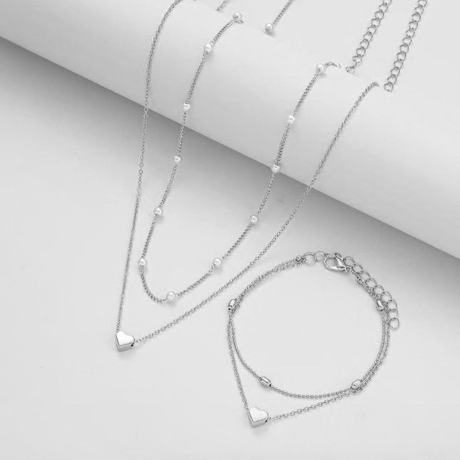 Silver Double-Layer Heart Charm Necklace and Bracelet Set Women s Layered Jewelry Set V888-ELOSUNG47158