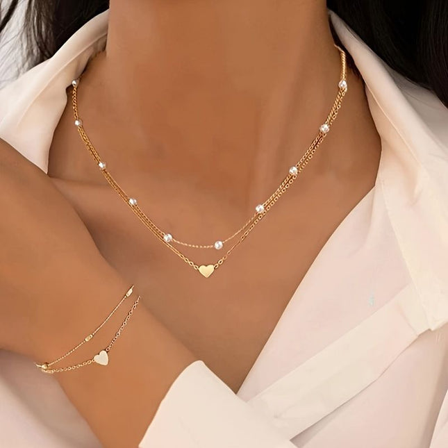 Silver Double-Layer Heart Charm Necklace and Bracelet Set Women s Layered Jewelry Set – product detail