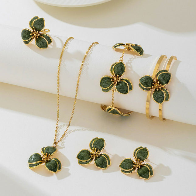 Green Floral Enamel Jewelry Set Five-Piece Alloy Accessory Collection with Minimalist Botanical Design – product detail