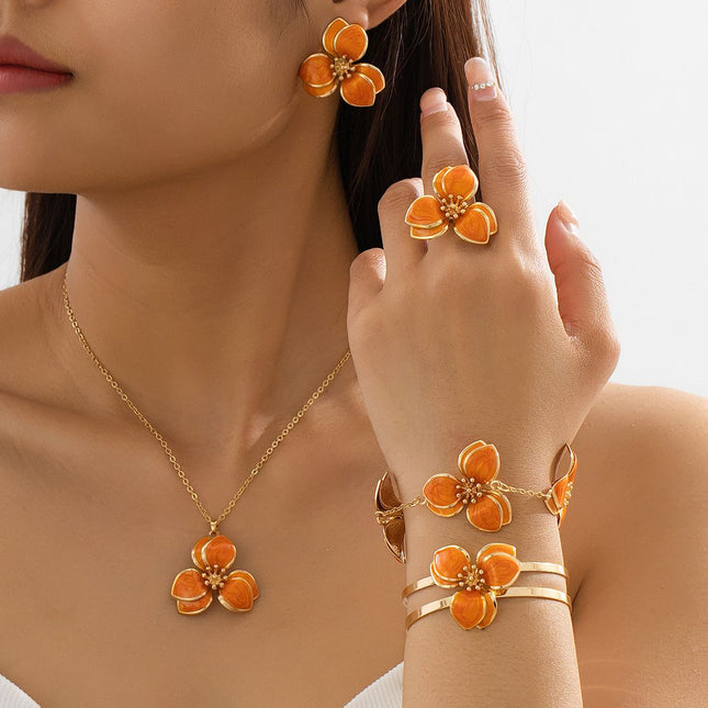 Orange Floral Enamel Jewelry Set Five-Piece Alloy Accessory Collection with Minimalist Botanical Design
