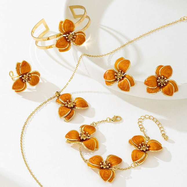 Orange Floral Enamel Jewelry Set Five-Piece Alloy Accessory Collection with Minimalist Botanical Design – product detail