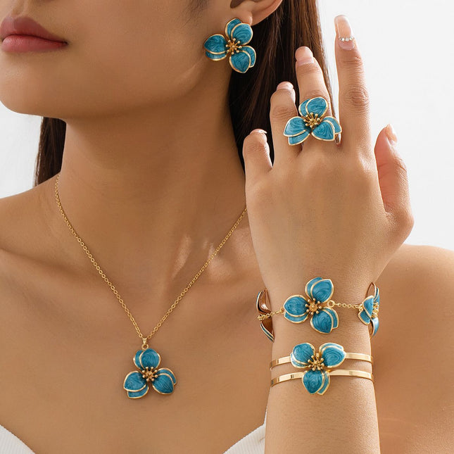 Blue Floral Enamel Jewelry Set Five-Piece Alloy Accessory Collection with Minimalist Botanical Design