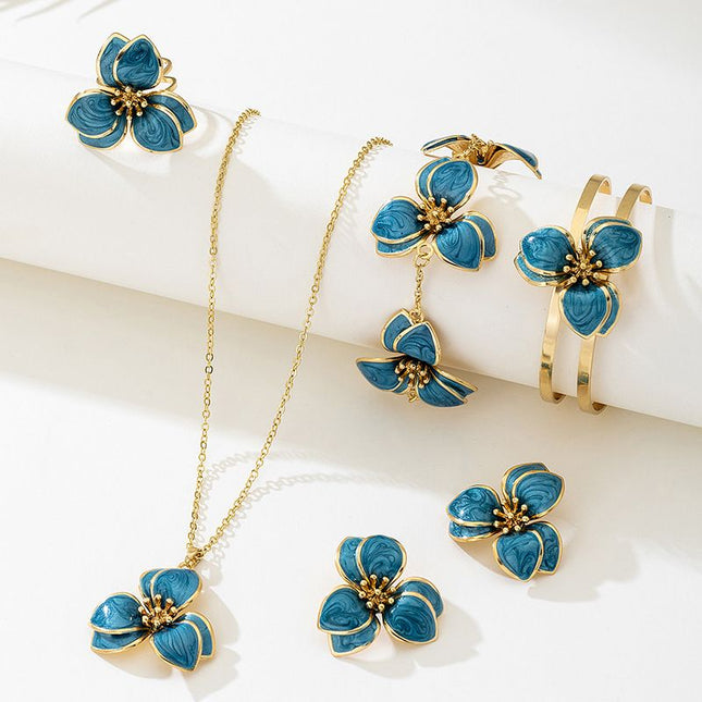 Blue Floral Enamel Jewelry Set Five-Piece Alloy Accessory Collection with Minimalist Botanical Design – product detail