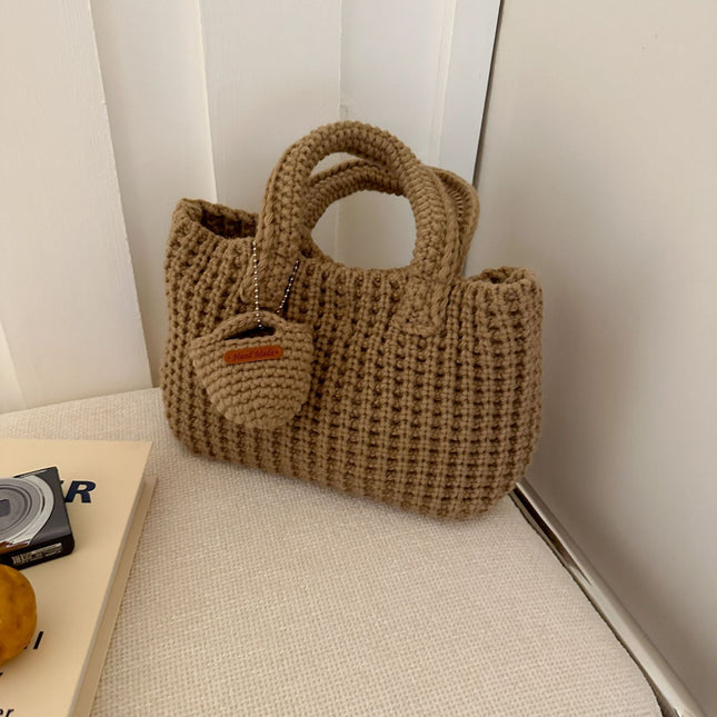 Khaki Handcrafted Crochet Tote Bag Vintage-Style Woven Cotton-Yarn Look Bag V888-ELOSUNG47175