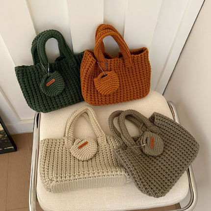 Khaki Handcrafted Crochet Tote Bag – Vintage-Style Woven Cotton-Yarn Look Bag