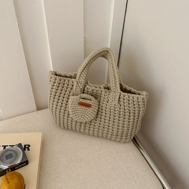 Beige Handcrafted Crochet Tote Bag Vintage-Style Woven Cotton-Yarn Look Bag V888-ELOSUNG47176