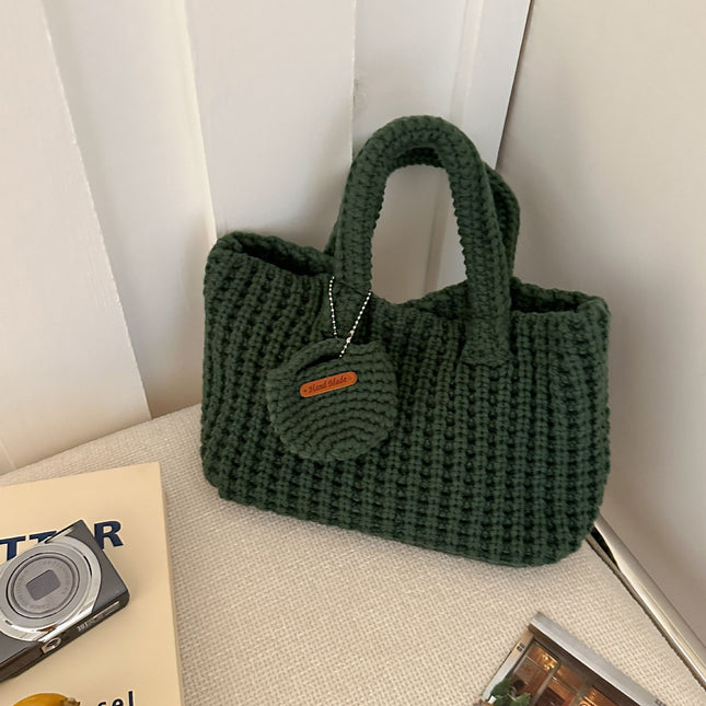 Dark Green Handcrafted Crochet Tote Bag Vintage-Style Woven Cotton-Yarn Look Bag V888-ELOSUNG47177