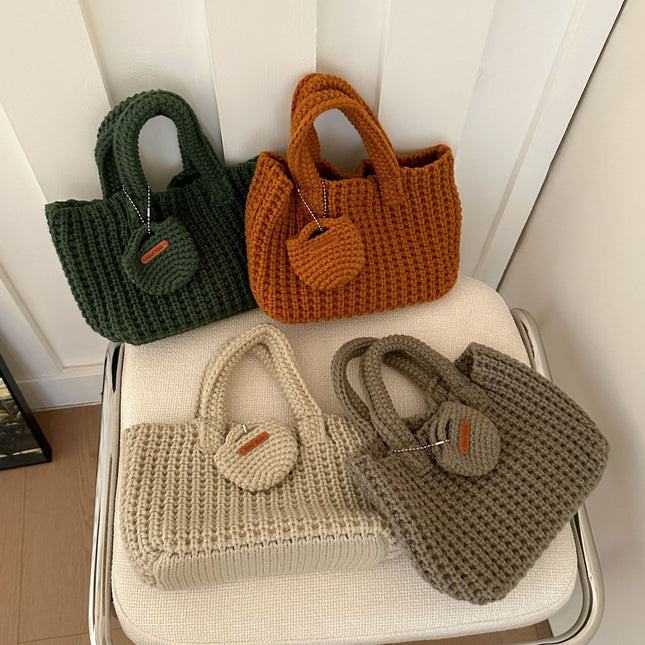 Dark Green Handcrafted Crochet Tote Bag Vintage-Style Woven Cotton-Yarn Look Bag – product detail