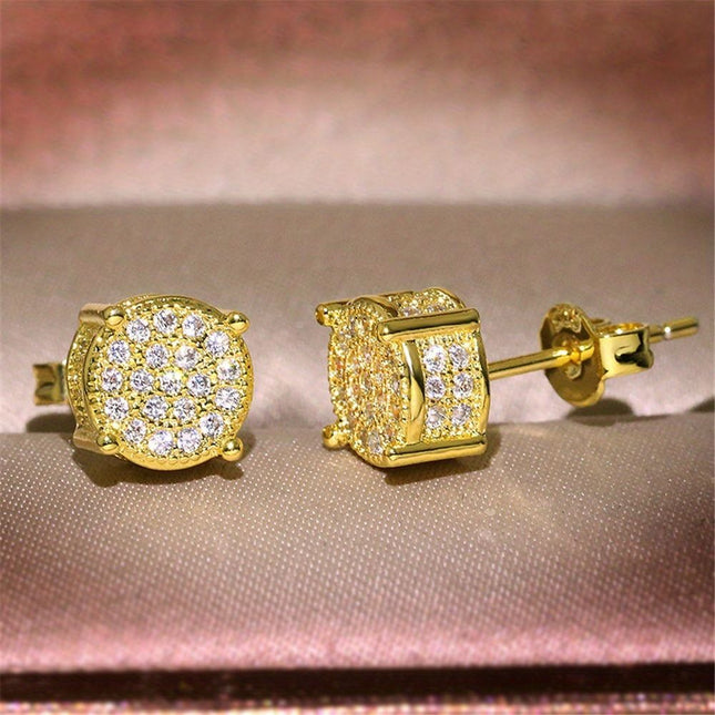 Gold Unisex Round Crystal Stud Earrings Full-Pave Micro-Set Alloy Ear Jewelry V888-ELOSUNG47180