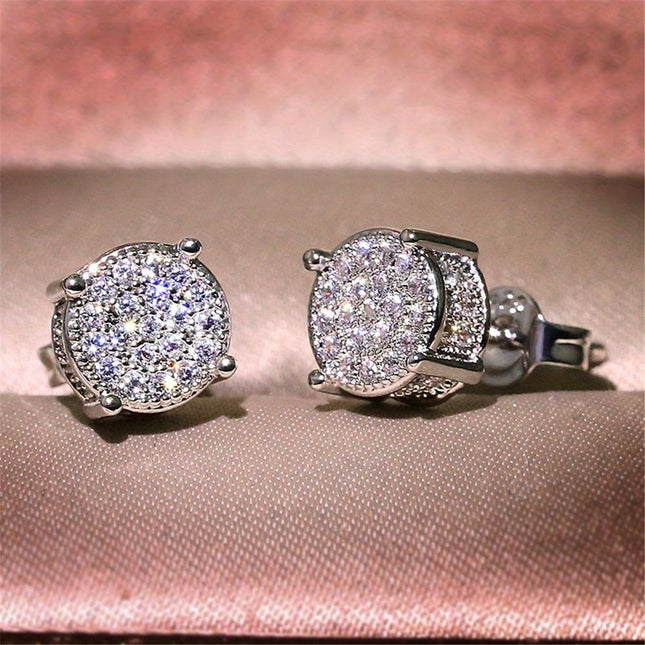Silver Unisex Round Crystal Stud Earrings Full-Pave Micro-Set Alloy Ear Jewelry V888-ELOSUNG47181