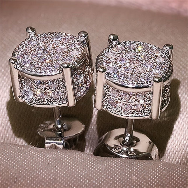 Silver Unisex Round Crystal Stud Earrings Full-Pave Micro-Set Alloy Ear Jewelry – product detail