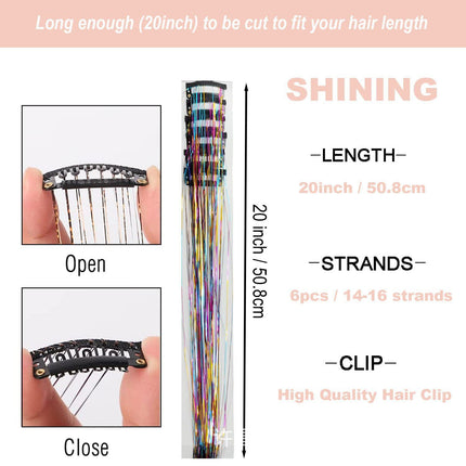Colorful Laser Iridescent Hair Extensions – 12-Piece Clip-In Highlight Strands (High-Temperature Fiber)