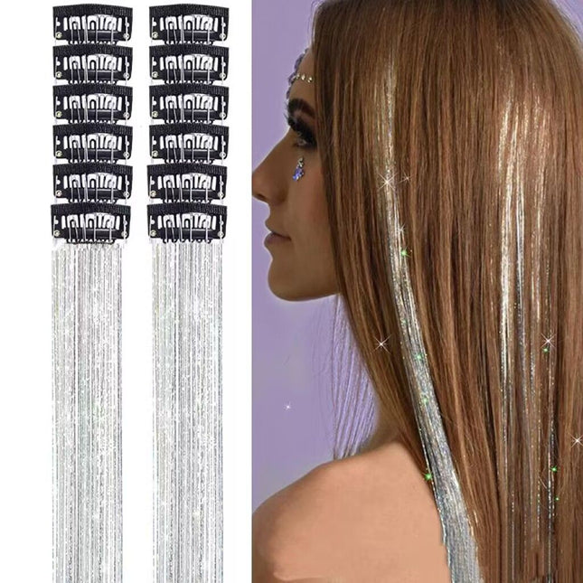 Silver Laser Iridescent Hair Extensions 12-Piece Clip-In Highlight Strands (High-Temperature Fiber)