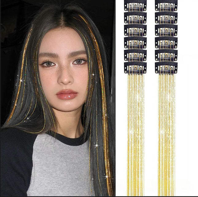 Gold Laser Iridescent Hair Extensions 12-Piece Clip-In Highlight Strands (High-Temperature Fiber)