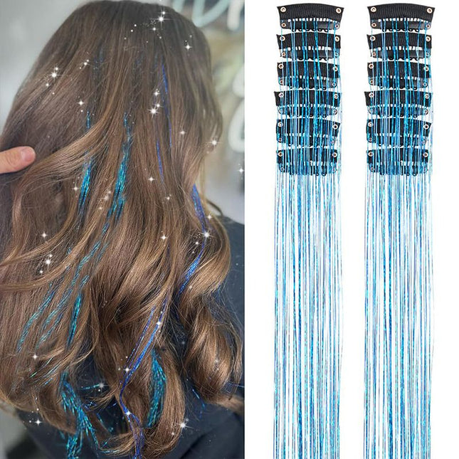 Blue Laser Iridescent Hair Extensions 12-Piece Clip-In Highlight Strands (High-Temperature Fiber)