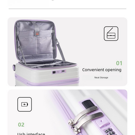 Orange and white Front Opening Carry On Luggage 18 Inch - Lightweight Hard Shell Suitcase with Spinner Wheels, Shockproof Laptop Compartment, USB Charging Port - Ideal for Business Trips and Short Travels