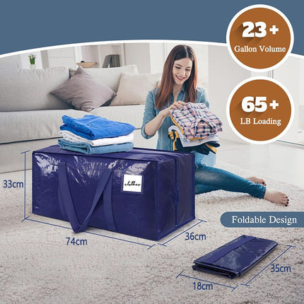4 Pack Extra Heavy Duty Large Moving Bags with Strong Zipper & Comfortable Handles, Sturdy & Durable Clothes Storage Bags Totes Bins,  Packing Moving Boxes for Clothes, Bedding, Dorm & Travel, Dark Blue