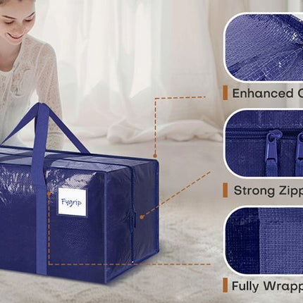 4 Pack Extra Heavy Duty Large Moving Bags with Strong Zipper & Comfortable Handles, Sturdy & Durable Clothes Storage Bags Totes Bins,  Packing Moving Boxes for Clothes, Bedding, Dorm & Travel, Dark Blue