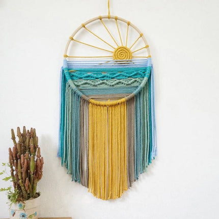 Style 3 Hand-Woven Cotton Rope Sunrise Sunset Wall Hanging - Bohemian Macrame Tapestry with Tassels, 60x30cm - Perfect for Living Room, Bedroom