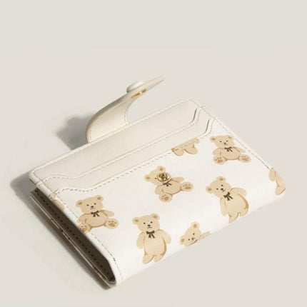 Brown Cute Bear Print Bifold Wallet - PU Leather & Polyester Card Holder with Zip Coin Purse & ID Window - Compact Foldable Wallet for Women & Students