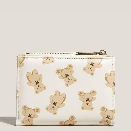 Brown Cute Bear Print Bifold Wallet - PU Leather & Polyester Card Holder with Zip Coin Purse & ID Window - Compact Foldable Wallet for Women & Students