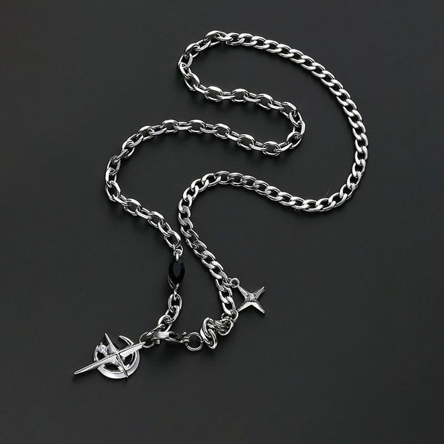 Silver Hip-hop style titanium steel black gemstone spliced star cross necklace unisex trendy streetwear – product detail