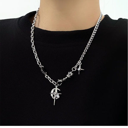 Silver Hip-hop style titanium steel black gemstone spliced star cross necklace, unisex trendy streetwear design collarbone chain