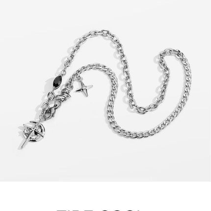 Silver Hip-hop style titanium steel black gemstone spliced star cross necklace, unisex trendy streetwear design collarbone chain