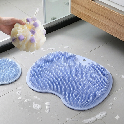 Blue 3-piece set  (2-Pack Silicone Foot & Back Scrubber Mat with Suction Cups + 1 Premium Lace Bath Loofah Sponge Set) - Non-Slip Foot Massager & Exfoliating Shower Set