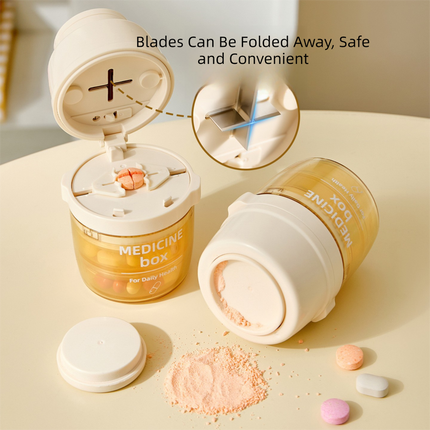 Beige 3-in-1 Pill Cutter, Crusher & Organizer Box with Built-in Water Cup - Portable Medicine Storage Container with Precision Quarter/Half Splitter
