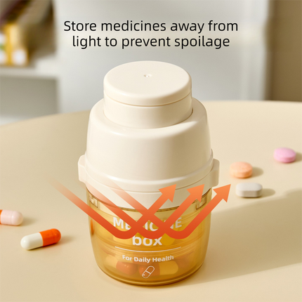 Beige 3-in-1 Pill Cutter, Crusher & Organizer Box with Built-in Water Cup - Portable Medicine Storage Container with Precision Quarter/Half Splitter