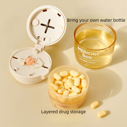 2 Pcs Beige 3-in-1 Pill Cutter, Crusher & Organizer Box with Built-in Water Cup - Portable Medicine Storage Container with Precision Quarter/Half Splitter